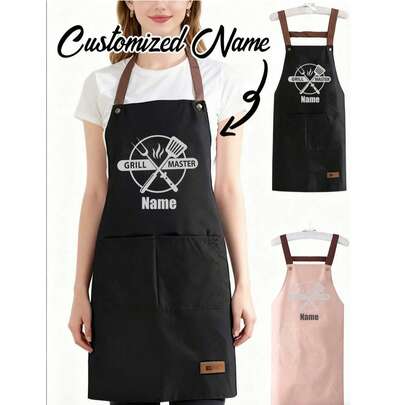 1 szt. spersonalizowany fartuch z regulacją, spersonalizowany fartuch z imieniem, nadruk na naczynia kuchenne i napis "GRILL MASTER", dla mężczyzn i kobiet z dużymi kieszeniami, spersonalizowany fartuch z regulowanymi paskami na szyję i talię, spersonalizowany fartuch do gotowania i grilla, prezent dla mężczyzn i kobiet