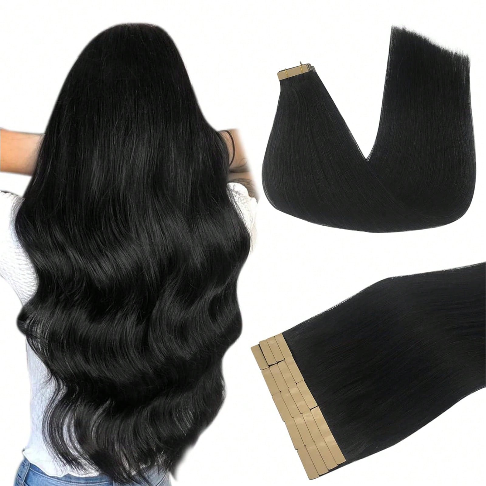 DOORES 50g 20pcs Tape In Hair Extensions 100% Real Human Remy Hair Jet Black, Heat Friendly & Colorable Seamless Tape Adhesive Straight Skin Weft Tapeins For Thin Hair Woman Add Volume & Length, Easy To Apply Hair Transformation, Holds Up Well For Cosplay, Daily Use, Graduation, Anniversary, Holiday Hairstyles