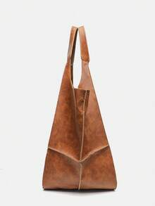 女士托特包，棕色咖啡色，复古欧美拼接设计，大容量，简约单肩包，适合年轻及中年女性，日常通勤、购物、旅行皆宜。 - 棕色 - 查看 6