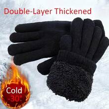 1Pair Winter Cold-Proof Fleece Knitted Gloves Warmers Gloves Soft Warm Double Layer Male Thickened Cycling Gloves Ski Gloves For Women Men - Black - View 1