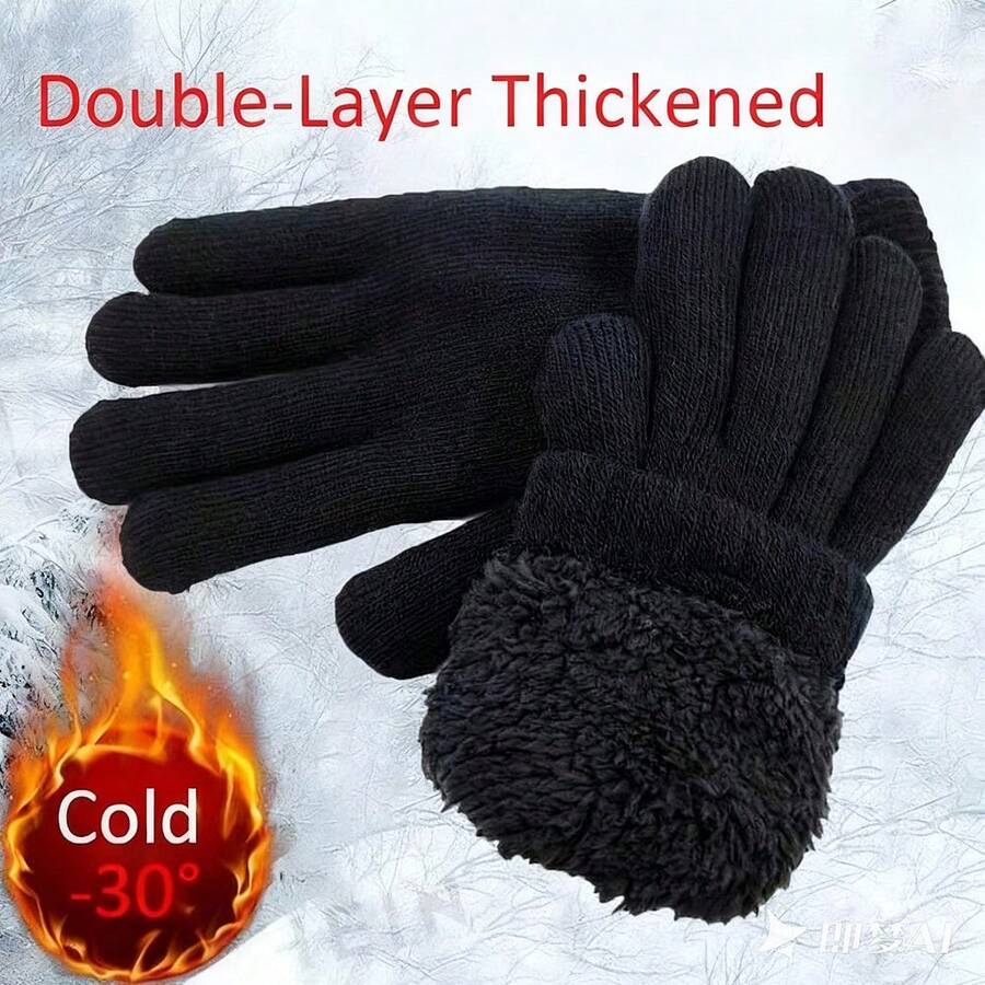 1Pair Winter Cold-Proof Fleece Knitted Gloves Warmers Gloves Soft Warm Double Layer Male Thickened Cycling Gloves Ski Gloves For Women Men - Black - View 1