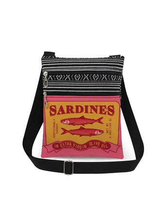 Bolso de hombro reutilizable unisex con estampado de sardinas en aceite de oliva rosa y amarillo retro, bolso de mensajero casual, bolso cruzado con correa ajustable, bolso de almacenamiento con estampado de letras de sardinas, diseño de empaque vintage, regalo para amantes de las sardinas