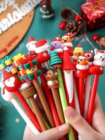 10/100支装 - 圣诞主题中性笔，新奇圣诞圆珠笔，黑色墨水，圣诞人物卡通造型，适合课堂奖励、办公用品、圣诞袜填充物、圣诞礼盒填充物，款式多样，不限于图片所示款式。
