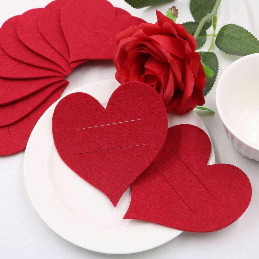 10pcs Felt Heart Shaped Tableware Decor Set, Romantic Minimalist Nature Style, Suitable For Valentine's Day Date, Wedding Party - Red - View 1