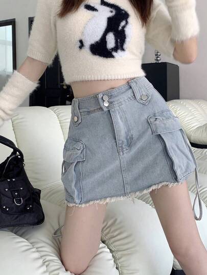 复古性感牛仔短裤，女士高腰短款工装裙裤