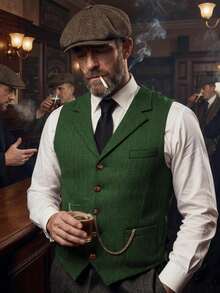 1pcs Men's Vintage Classic Herringbone Pattern Suit Vest V-Neck Casual Wool Blend Waistcoat For Men Business Casual And Formal Wear - màu xanh lá - Xem 3