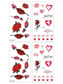 4 hojas de tatuajes temporales para el Día de San Valentín, con diseños de labios rojos sexys, rosas y corazones, tatuajes realistas, resistentes al agua y de larga duración, para niñas, parejas, citas, festivales de música, bodas y fiestas, tatuajes falsos - Multicolor - Ver 8