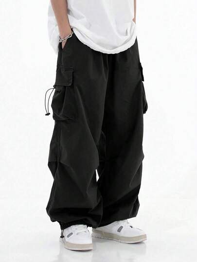 Plus Size Men's Cargo Wide Leg Pants, Multi-Pocket Functional Loose Tapered Streetwear Casual Trousers