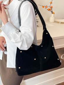 新款时尚手提包，性感女孩风格托特包，铆钉包，女士通勤个性化天鹅绒斜挎包 - 黑色 - 查看 5