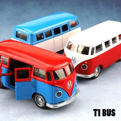 1 pieza (en bolsa) Coche de juguete de niño a escala 1/40 bicolor, en parte de aleación de zinc, coche de juguete antiguo, juguete de arte retro, juguete antiguo, coche de juguete de aleación fundida de alta calidad, imitando un autobús antiguo y lindo, decoración del hogar retro, función de retroceso, se puede abrir una puerta lateral, juguete para niños, adecuado para niños mayores de 3 años, regalo de vacaciones, colección de juguetes, regalo de cumpleaños, coche de juguete exquisito - Azul y blanco