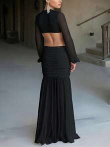 DOUCIU Transparent Mesh Deep V-Neck Backless Ruffle Hem Dress, Sexy Beach Vacation Outfit - Black - View 4