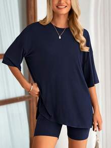 PRETTYGARDEN Women's Summer Clothes 2 Piece Sets Lounge Set Casual Oversized Shirts Biker Shorts Matching Airport Travel Sweatsuit Set Women Vacation Outfit Navy Blue Summer Brunch Outfits  For Women - 藏蓝色 - 查看 1