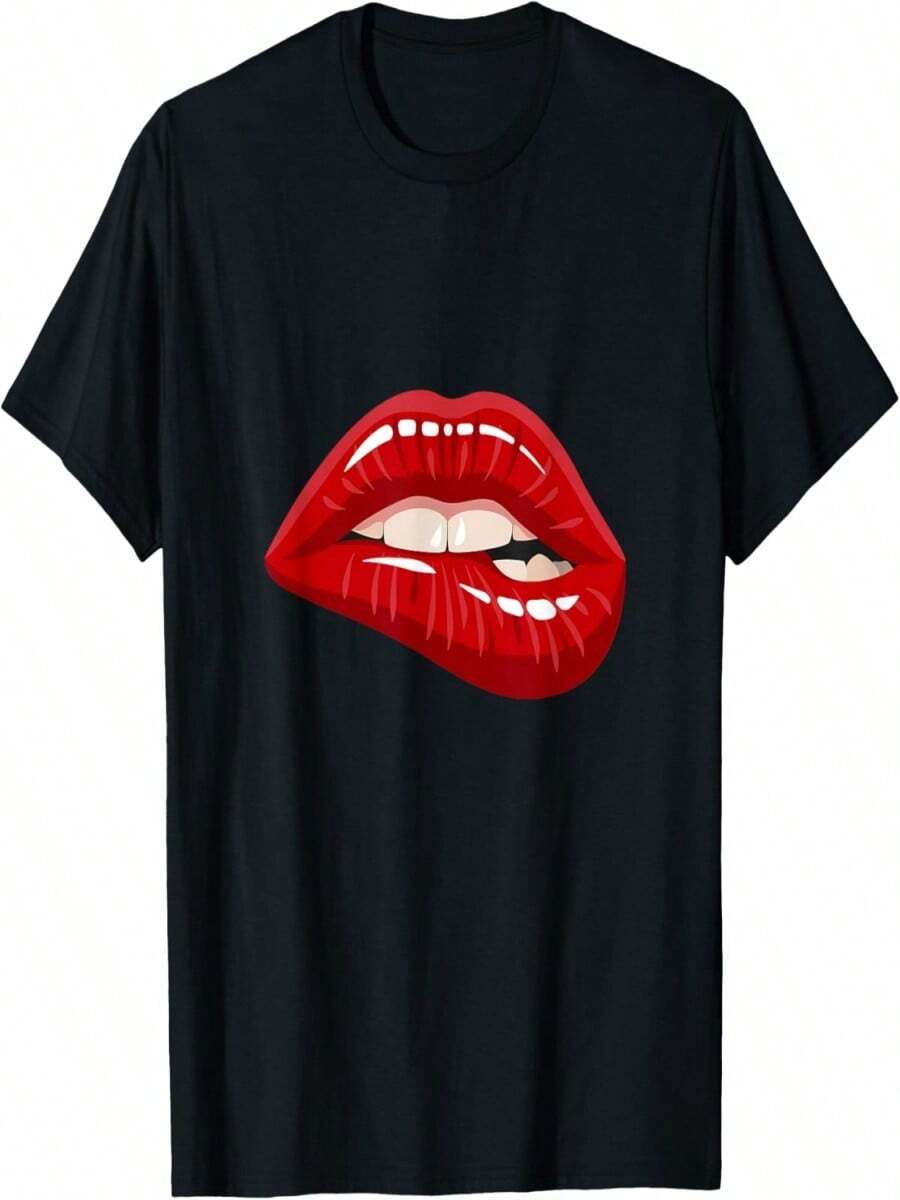 Enjoy Wear Womens Graphic Red Biting Lips Short Sleeve Fun T-Shirt - Negro - Ver 1
