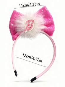 1pc Sparkle Bow, Beaded Alphabet Design Hairband With Green & Pink Fluffy Pom Poms, Fashionable And Cute Hair Accessory For Everyday And Celebrity Looks Party Halloween - Pink - View 6