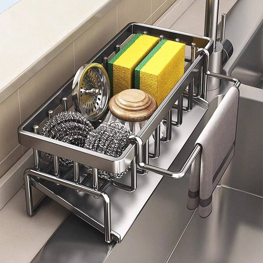 1 Sink Organizer With Automatic Drain Tray For Sponges, Dishwashing Liquid, Cleaning Towels And Brushes, And Organization Basket For Home Cleaning Kitchen Countertops, Black Or Gray Dish Cloth Holder, No Drilling Or Suction Cups Required, Drain Rack Basket Organizer - 灰色 - 查看 1