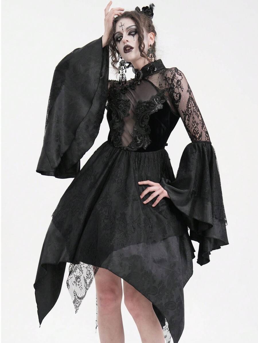 EVA LADY Đầm kiểu sườn xám Gothic cổ đứng tay loe, thích hợp cho tiệc chủ đề tối màu. - màu đen - Xem 1