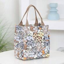 DLIU 1pc Thickened Fabric Cartoon Pattern Handbag, Lunch Bag, Bento Box Bag, Work Essentials Tote, Shopping Bag, Vintage Style, Suitable For Work, School, Daily Use, Commuting Lunch Box Cooler Bag Waterproof Large Capacity For Women For Men For Picnic For School Gifts For Women Back To School - Beige - View 3