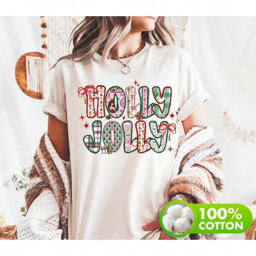 Camiseta Preppy Holly Jolly, Camiseta de Feliz Navidad, Camiseta de Navidad Preppy, Sudadera con Lazo de Navidad, Regalo de Navidad para Mujeres, Camiseta Jolly de Invierno - Blanco - Ver 1