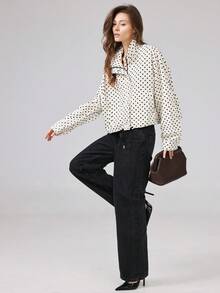 Women's Fashionable Fitted High Collar Short Polka Dot Print Casual Jacket, New Style