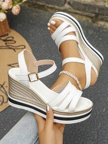 Große Größen 35-42 Sommer Neue Mode Dicke Sohle Hoch Plateau Keilsandalen, Alltag Outfit, Party, Hochzeit, Weiße Offene Zehe Dicke Sohle Keilsandalen für Frauen - Weißes PU - Übersicht 3