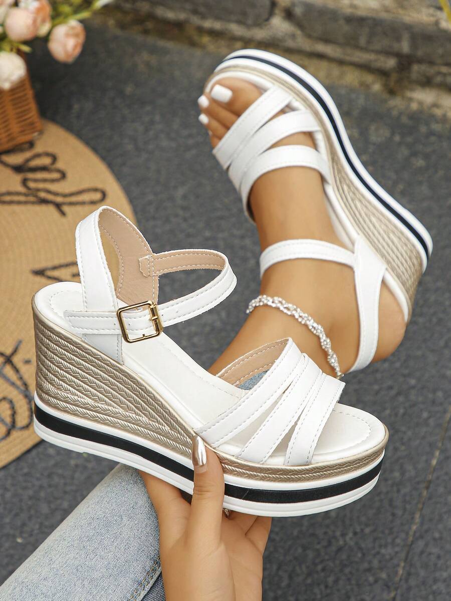 Giày sandal đế xuồng đế dày thời trang mới mùa hè cỡ lớn 35-42, trang phục hàng ngày, tiệc tùng, đám cưới, màu trắng, giày sandal đế xuồng hở mũi dày dành cho nữ - PU trắng - Xem 1