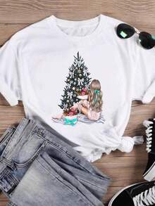 Holiday Clothes New Year Merry Christmas Fashion Style Tree 90s Cute 2025 Printed Shirts Women's T-Shirts Graphic Tees - 白色 - 查看 1