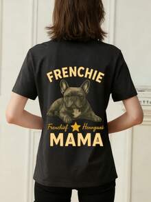 1件女士夏季休闲宽松圆领短袖T恤，斗牛犬、妈妈、英文字母印花 - 深灰色 - 查看 2