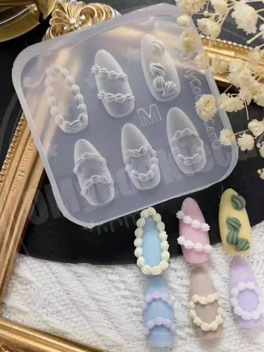 1pc French Cream Skirt Edge Nail Art Mold,3D Silicone Mold For Resin Crafts Goth Cake Lace Skirt Edge Cream Stripe Bow Pattern Design DIY Small Fresh Nail Art Demoulding Tool - Clear - View 1