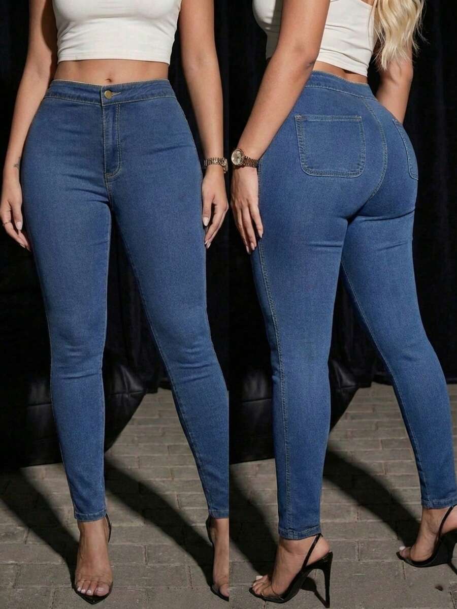 Jkorea Women's Mid Waisted Skinny Jeans Stretchy Slim Fit Denim Pants With Tummy Control And Butt Lifting Effect For Daily Wear - 深色水洗藍 - 查看 1