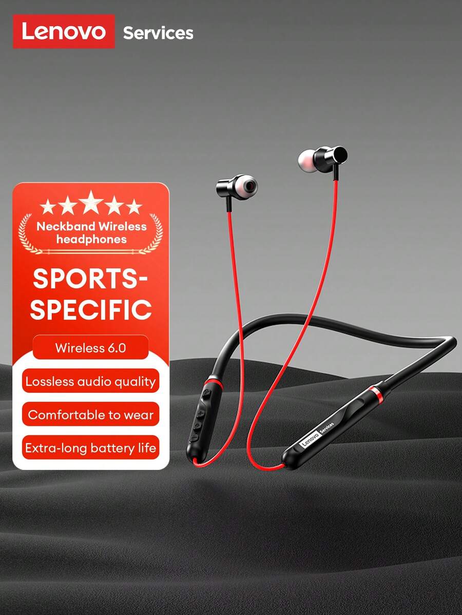 Lenovo Y111 Neckband Bluetooth Earphones, Sports Running Sweat-Proof, Long Battery Life, HIFI Sound Quality, Low Latency, High-Definition Calls With Microphone, Passive Noise Cancellation, Wireless Earbuds - 黑紅 - 查看 1