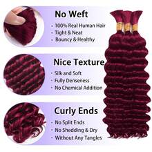 Human Braiding Hair For Boho Braids 100g 20 Inch, #99J Burgundy Deep Wave Boho Braids Human Hair Bulk For Bohemian Micro Knotless Braiding 2 Bundles Per Pack 99j Burgundy Human Braiding Hair For Boho Braids,150g 20 Inch 6 Bundles Burgundy Deep Water Wave Bulk Boho Curly Human Hair For Braiding,Wine Red No Weft Wet And Wavy Braiding Hair Extensions - S99J - 查看 3