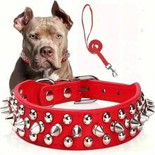 Adjustable Spiked Dog Collar Set (With Leash) - Faux Leather Studded Pet Collar, Ideal For Outdoor Walks, Bite-Resistant, Durable Training Collar, Suitable For Medium And Large Dogs - 黑色 - 查看 7