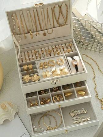 1pc Deluxe Large Capacity Jewelry Box, Multi-Layer PU Leather Jewelry Box, Lockable Women's Jewelry Storage Box, Anti-Oxidation And Anti-Loss Jewelry Box, Cosmetic Storage Box, Ring, Necklace, And Bracelet Storage Box, Jewelry Organizer, Jewelry Display And Storage Box, Jewelry Organizing And Storage Box, Large Jewelry Box, Women's Gift, Holiday Gift, Christmas Gift.