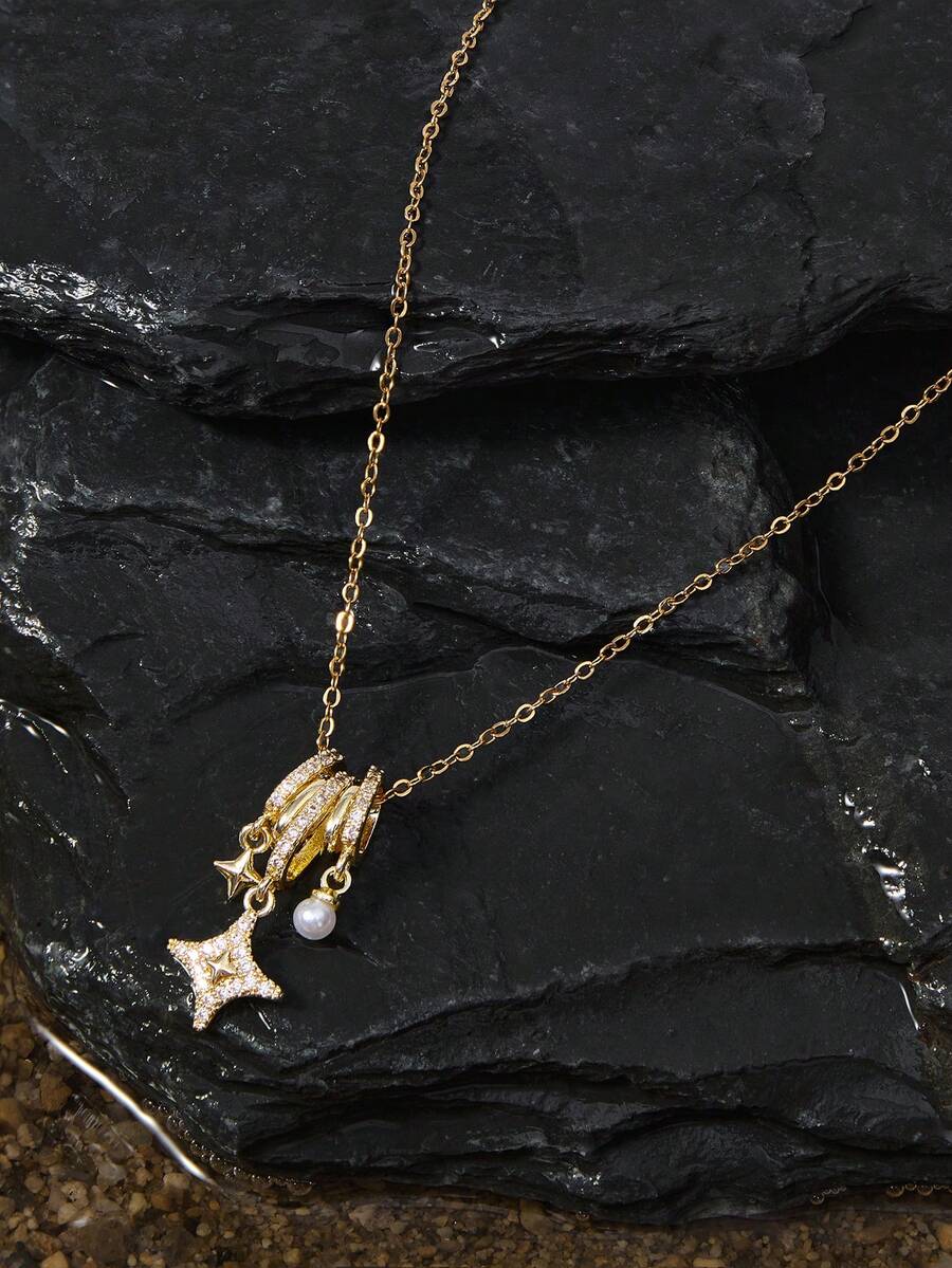 Opalesca 1 chiếc vòng cổ mặt dây chuyền ngôi sao rạng rỡ bằng thép không gỉ Aurora Pearl, vàng 18K với những viên pha lê nhỏ, thiết kế lấp lánh như mơ, quà tặng cho vợ, bạn nữ, đám cưới - Vàng - Xem 1