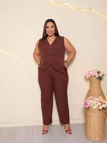 Women's Plus Size Tailored Pants And Vest Set - Elegant - Rỉ Nâu - Xem 2