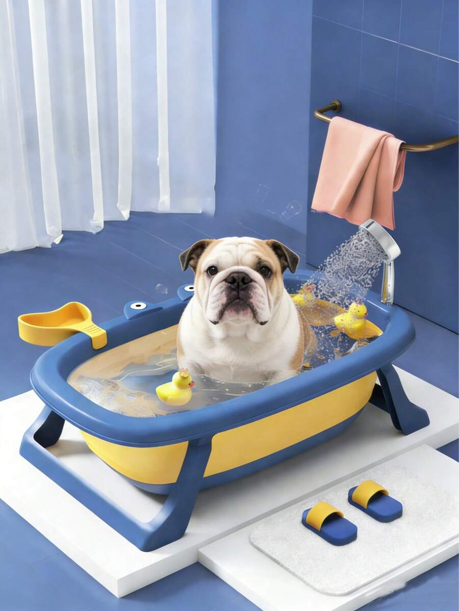 狗狗洗澡盆，中型犬猫通用洗澡盆，猫狗专用洗脸盆，宠物专用洗澡盆，宠物浴缸——便携式可折叠宠物盆，带热感应排水功能，防滑省空间，卡通螃蟹造型，送给宠物猫狗的贴心礼物 - 彩色 - 查看 1