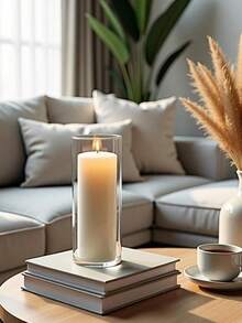 Bộ 6 nến trụ màu trắng kèm bình thủy tinh hình trụ, chân nến thủy tinh trong suốt dùng để trang trí bàn tiệc, thích hợp cho Ngày Valentine, tiệc cưới và trang trí. - Trong sáng - Xem 8