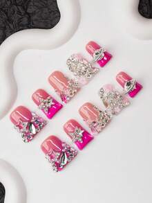 10片/套 手工法式美甲 Y2K 风格亚克力假指甲，裸色和粉色，法式贴片，饰有水钻、蛇形、花朵、星球、星星图案。适合派对、活动、日常佩戴，女士和女孩皆宜。包含美甲工具，是送礼佳品。按压式假指甲，美甲用品，手工按压式假指甲。 - 彩色 - 查看 1