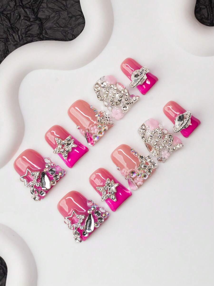 10片/套 手工法式美甲 Y2K 风格亚克力假指甲，裸色和粉色，法式贴片，饰有水钻、蛇形、花朵、星球、星星图案。适合派对、活动、日常佩戴，女士和女孩皆宜。包含美甲工具，是送礼佳品。按压式假指甲，美甲用品，手工按压式假指甲。 - 彩色 - 查看 1