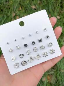 9pcs/Set Fashion Flower Leaf Butterfly Stud Earring Set For Girls Classical Heart Earrings Friendship Jewelry Gifts Party Graduation Gift - Multicolor - View 13