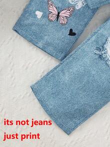 بنطلون طباعة مزيف طويل + قميص كاجوال بطبعة فراشة للفتاة الصغيرة، ملابس يومية مريحة، مناسبة للارتداء في الخارج خلال فصلي الربيع والصيف - وردي فاتح - مشاهدة 8