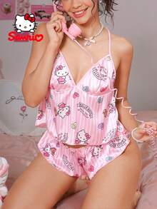 SANRIO 2pcs Hello Kitty Sleepwear Set For Women, Pink & White Striped, Backless Slit, Letter & Heart Print, Polka Dot, V-Neck, Lace Patchwork, Short Pajamas, Cute Loungewear Set, Sweet Home Outfit - 粉色 - 查看 3