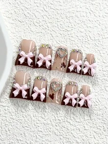 10Pcs French Style Handmade Press On Nail,Polygel Nail Set,Featuring Rhinestones,Pink Bows,Brown Nail Polish,Sweet,Edgy Style,Includes Nail Tools,3 Sizes Available,Almond,Duck,Coffin Nails For Party,Dance,Daily Wear. - 彩色 - 查看 2