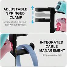Soporte para controlador de juego y soporte para auriculares con clips ajustables, adecuado para montaje en escritorio, con ganchos giratorios de 360° y organizador de cables, un organizador de accesorios de juego 3 en 1. - Negro - Ver 5