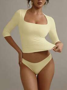 XLLAIS Three Quarter Sleeve T Shirt Double Layer Elasticity Deformable Collar Tight Fitting Top - Yellow - View 2