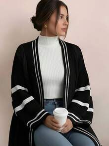 Plus Size Women's Fall And Winter Black And White Contrast Long-Sleeved Knitted Cardigan, With Cable-Knit, Long-Style Casual Coat, School-Style - Multicolor - View 4