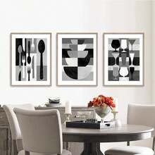 3 PIEZAS Póster de lienzo abstracto en blanco y negro. Póster abstracto de cuchillo, tenedor, taza y tazón. ¡Decoración del hogar y arte de pared! Arte de lienzo para pared. Decoración de pared para dormitorios, salas de estar, baños, comedores y pasillos de oficinas. Decoración de habitación estética, decoración de habitación, decoración de habitación, marco opcional.