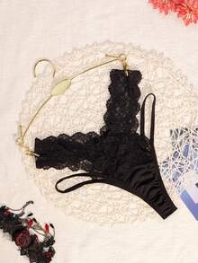 1入組性感蕾絲透明女性內衣低腰丁字褲 - 黑色 - 查看 4