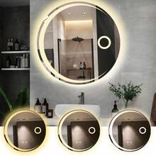 Espejo LED para Baño Espejo de Baño Redondo con Función de Memoria y Desempañado HD Botones Táctiles Inteligentes Espejo de Maquillaje Regulable 3 Colores 4mm Vidrio Prueba Explosiones - GrisLuna - Ver 3