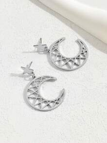 1对经典简约镂空星月吊坠耳环，休闲风格女士派对/开斋节优雅百搭耳环 - 耳環 - 查看 4